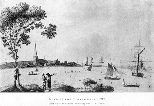 Ansicht von Travemünde 1797 nach einer kolorierten Radierungvon J. M. David